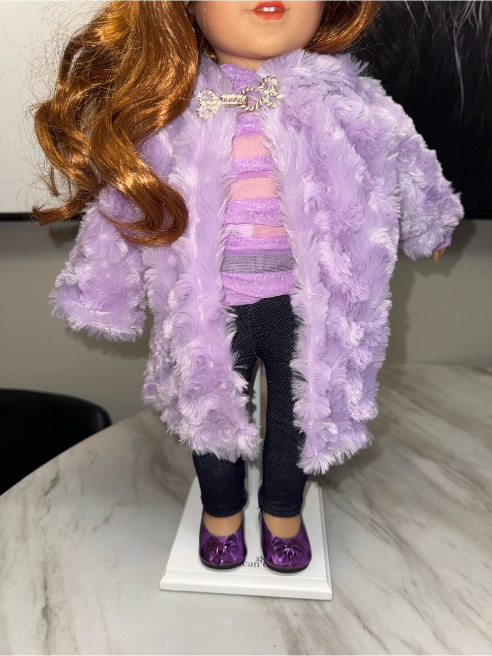 18” doll light purple shirt furry jacket sparkle shoes & denim cotton leggings